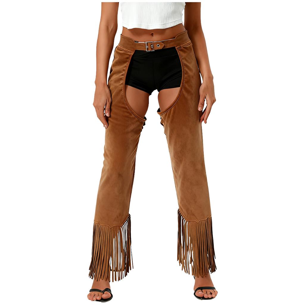 Womens Suede Cowgirl Chaps Fringe Split Open Crotch Adjustable Buckles Pants Vintage Costume