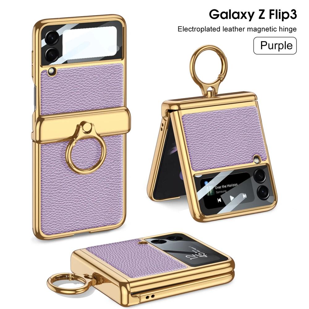 Чехол для Samsung Galaxy Z Flip 3 4 5 6 Ультратонкая Защита Экрана Coque Fundas Роскошная Кожа С Кольцом Гальваническое Магнитное Покрытие