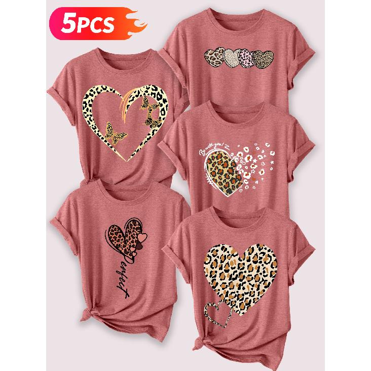 Follow a specific direction Five-piece set for women T Shirt Leopard print butterfly heart vintage print Summer Casual Elegant Women's Clothing Short