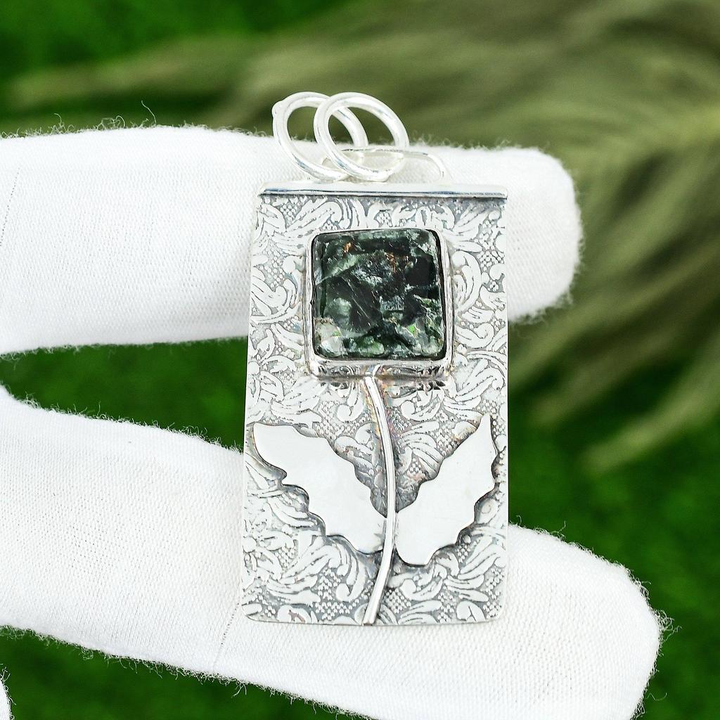 Сделка ко Дню памяти Камень Серафинит Мать Бохо Подвеска Ювелирные изделия Стерлинговое серебро