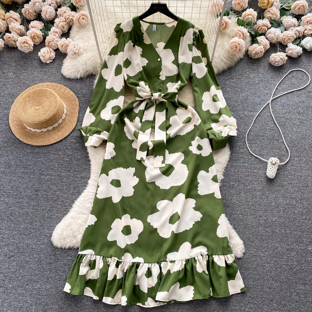 Модное женское платье с цветочным принтом, осеннее элегантное винтажное Бандажное длинное платье макси с рюшами по подолу, вечерние платья