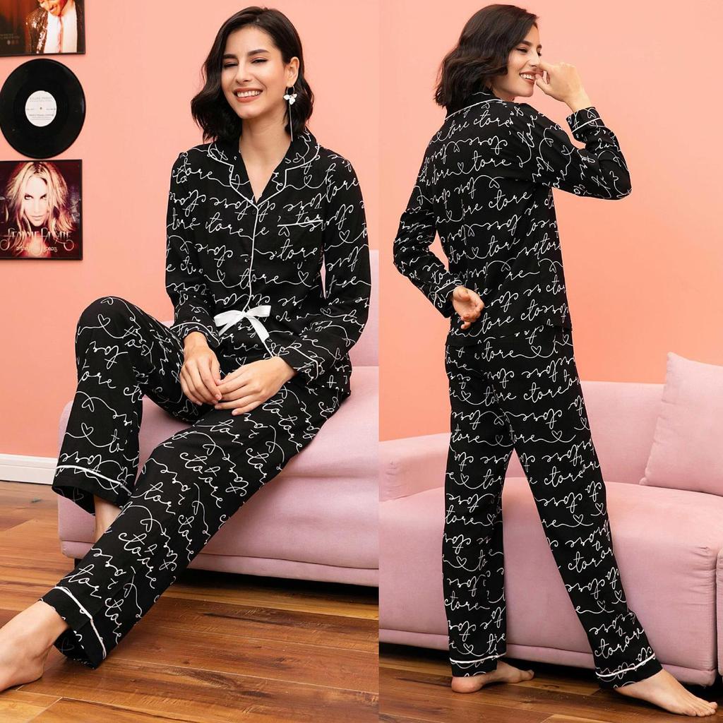 Женские пижамы BRIGHT DEER из искусственного шелка с принтом в виде букв и брюки розового и черного цвета для сна, домашняя одежда для осени