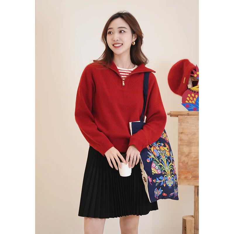 2025 Red Wool Zip-Up Collar Knit Pullover for Women - New Year Collection