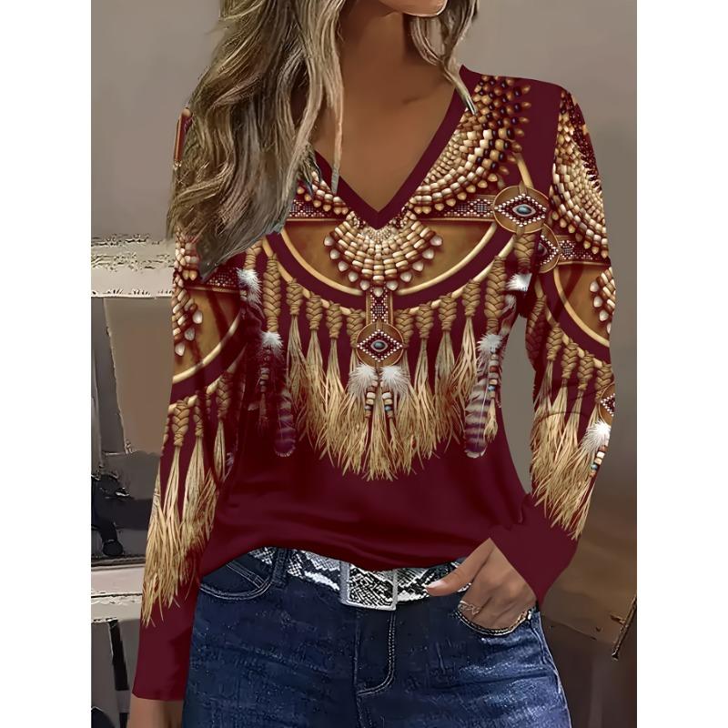 Футболка с длинным рукавом и V-образным вырезом с племенным принтом — повседневная базовая модель на весну и осень, женская одежда, удобный и универсальный топ для повседневной носки