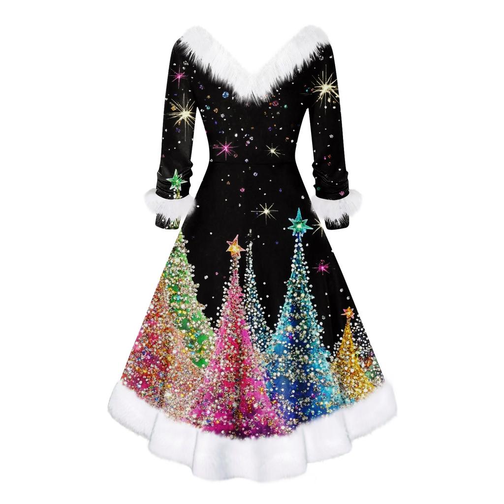 Женское модное повседневное платье с v-образным вырезом и рождественским принтом для вечеринки с длинными рукавами