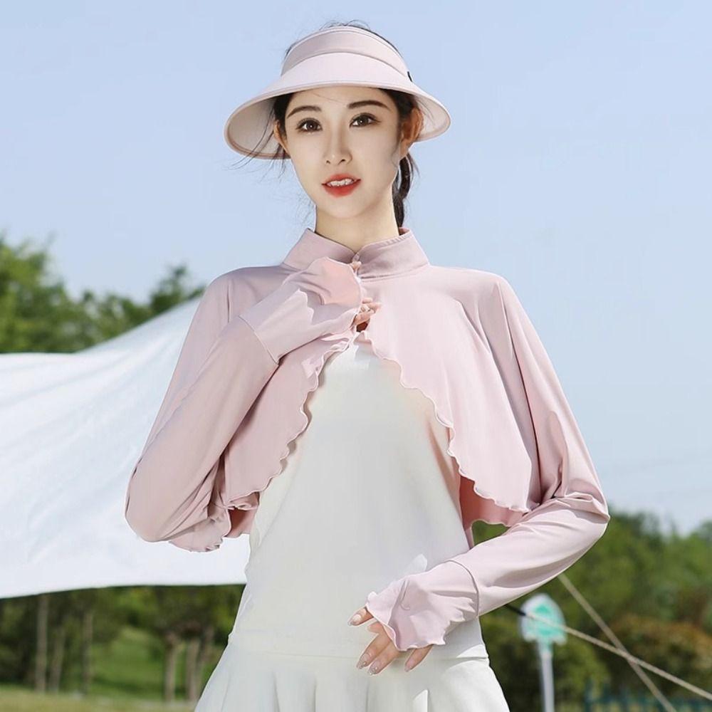 Solid Color Sun Protection Clothing Long Sleeve Ice Silk Cape Long Sleeve Crop Top Sun Protection