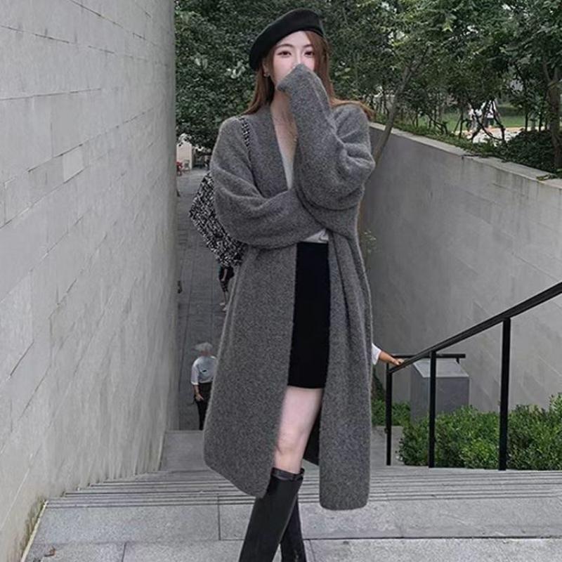 Свитера, кардиган, женский осенне-зимний свободный длинный кардиган, нежный повседневный однотонный трикотаж с длинными рукавами, кардиган, свитер