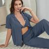 Women’s Sleeping Suits Rayon Pajamas 3 Pieces Set Short Sleeves Button Top Long Pants Comfy Bra Spring Summer Home Wear Lounge Suit Nightwear