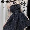 Halloween Pleated Dress Summer Design Sense Cross Halter Solid Color Pompadour Dress Women