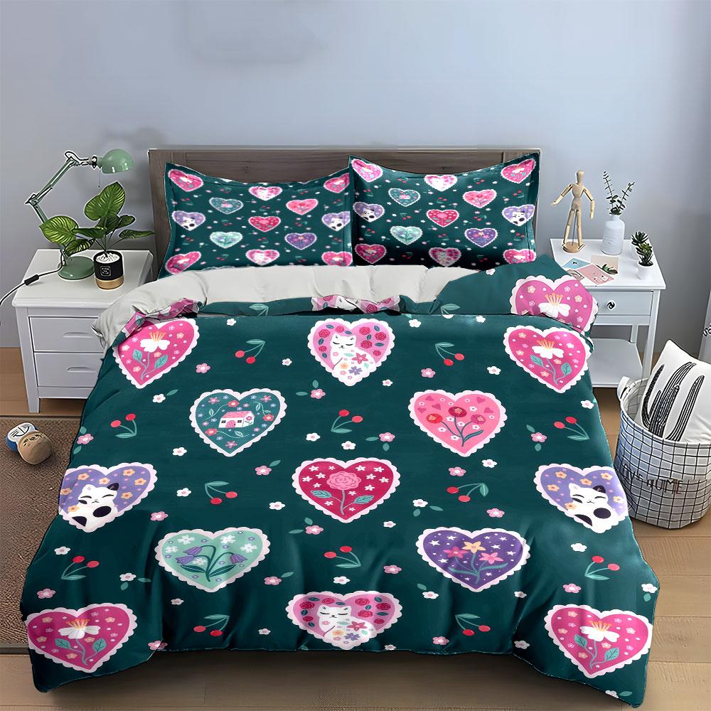 Romantic Heart Floral Decor Set Soft Skin-Friendly Bedding Set Includes 1 Duvet Cover And 2 Pillowcase, Gift