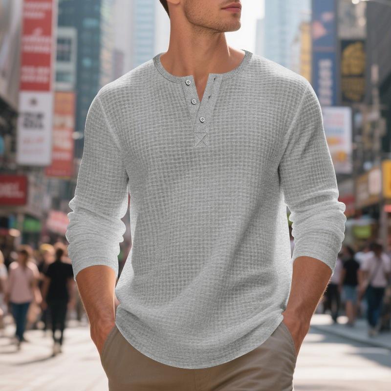 Мужская винтажная повседневная футболка-henley с длинным рукавом и жаккардом