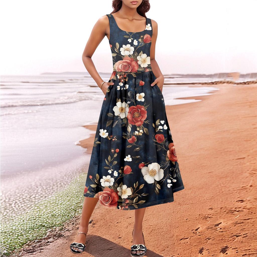 Women's Summer Spring Casual Floral Sundress Sleeveless Beach Vacation Flowy Boho Tank Midi Dresses