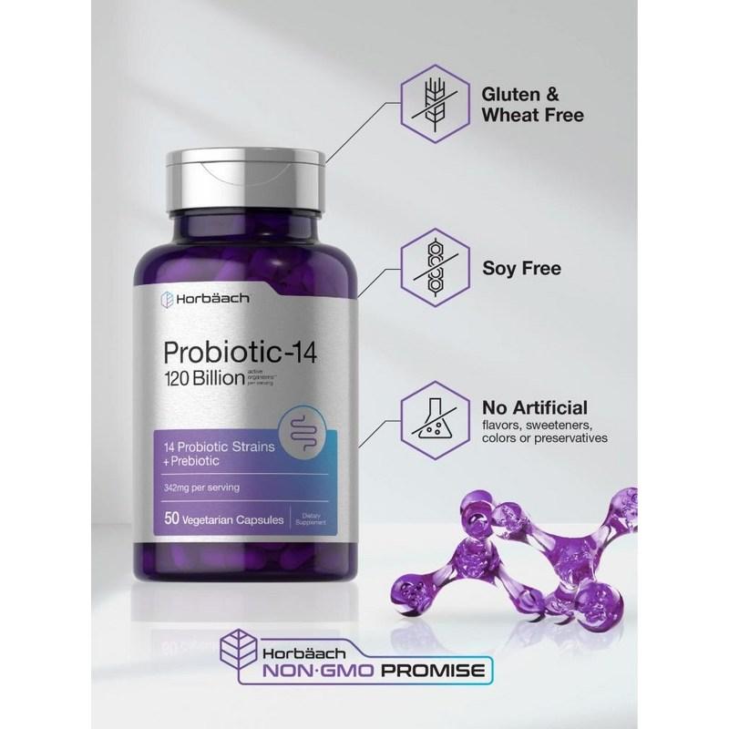 Horbaach Probiotics 14 штаммов, веганская добавка без ГМО и глютена с 120 млрд КОЕ пребиотиков, 50 таблеток, 1 штука