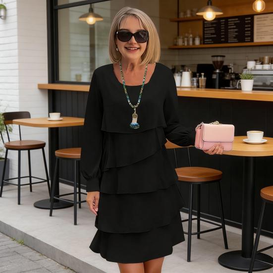 Многослойное шифоновое платье для женщин, с длинным рукавом, с круглым вырезом, с оборками, ярусное, струящееся, повседневное, для гостей на свадьбу