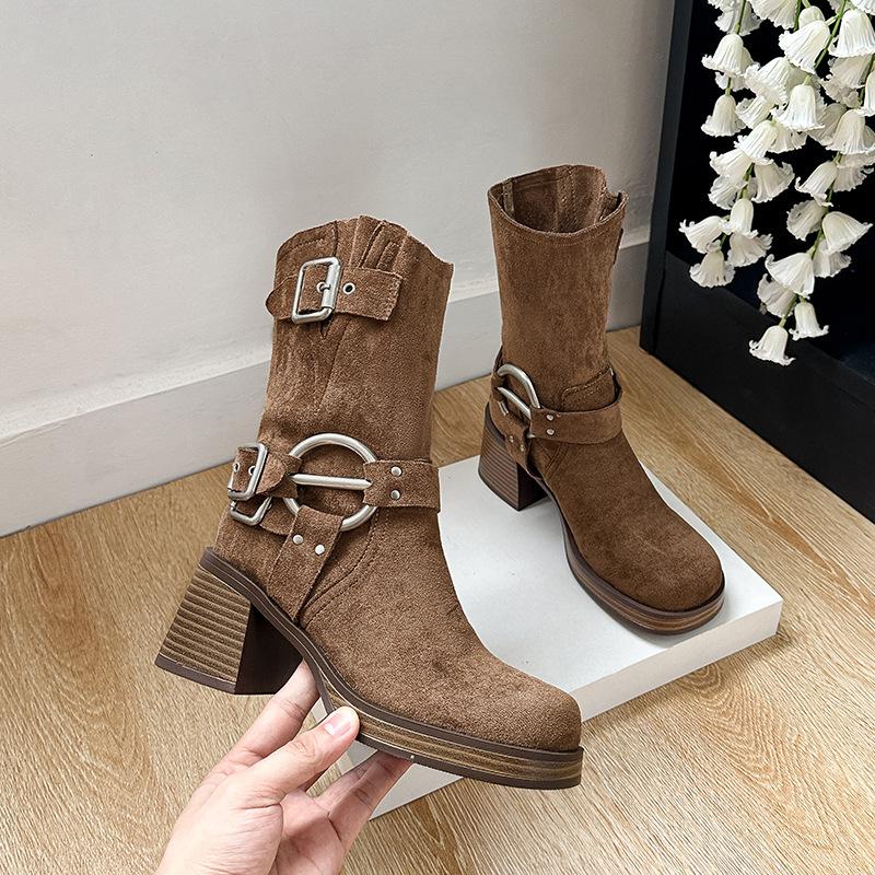 Three-buckle version retro short locomotive Martin boots 2025 autumn belt buckle thick heel heightening short boots autumn and winter women