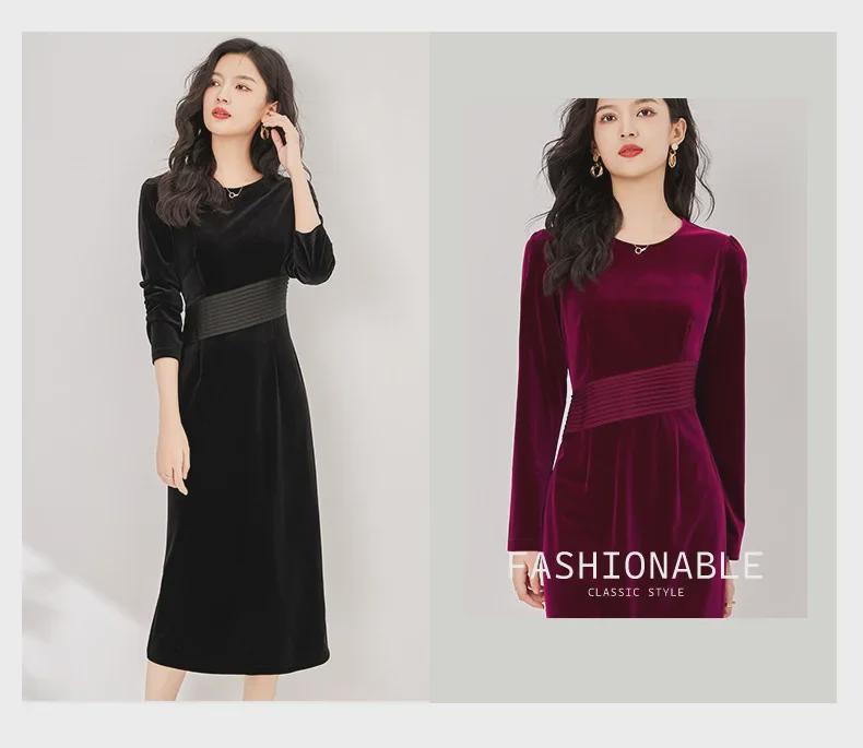 Элегантное бархатное платье: Осень/Зима, узкая талия, плиссировка, круглый вырез горловины