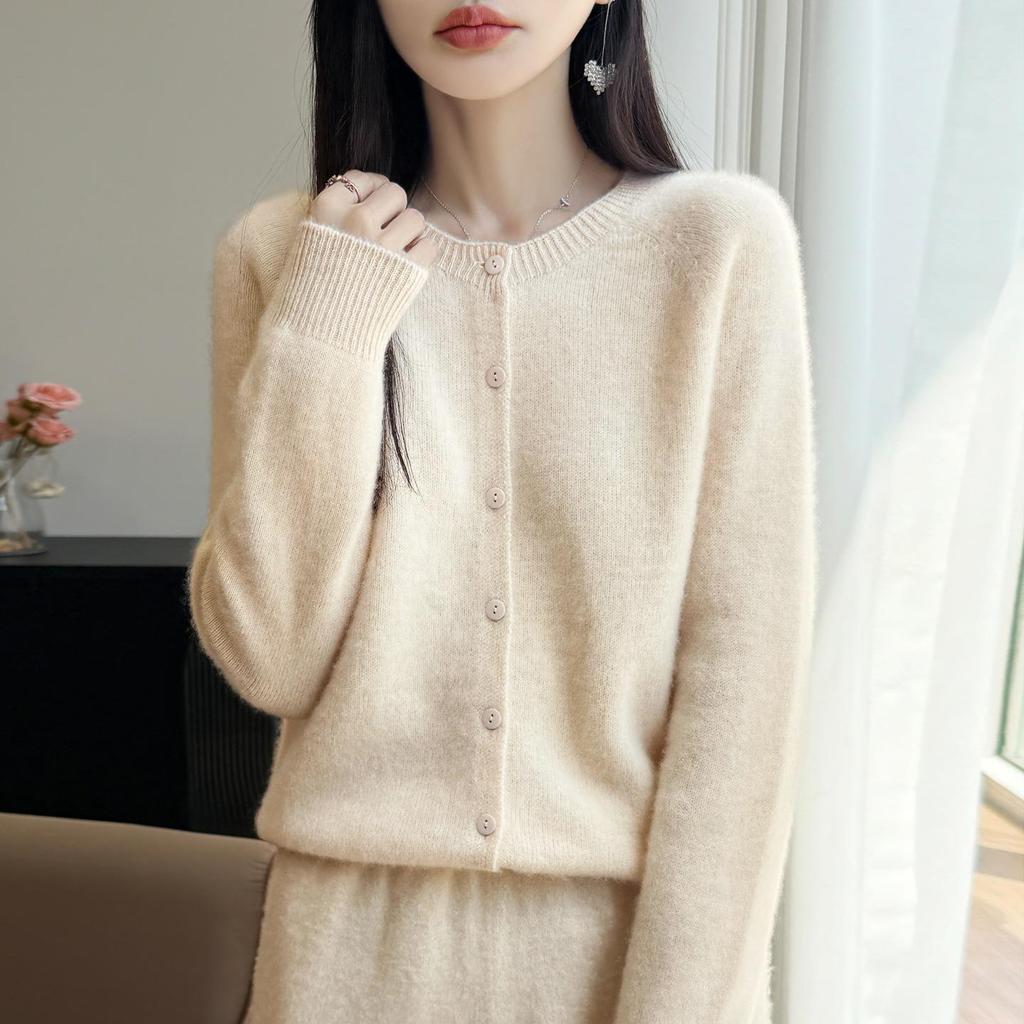 Autumn/Winter Pure Wool Seven-Stitch Crew Neck Cardigan - Thick, Long Sleeve, Solid Color, Skin-Friendly Knit Sweater