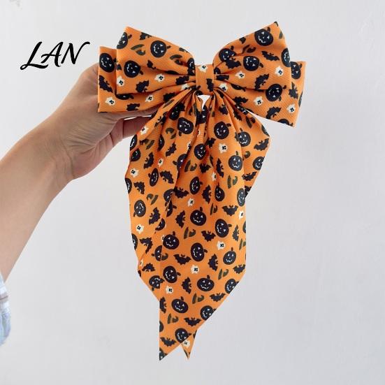 Halloween Hairpin Silky Satin Hair Bows, Big Ribbon Bow Clips, Oversized Long Tail Barrettes, Ghost Pattern Cute Pumpkin Witch Hat Spider Web Hairpins