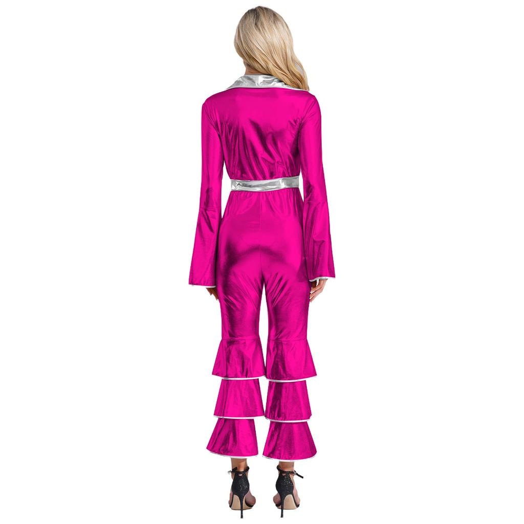 Womens 70s Retro Disco Long Sleeve Flared Jumpsuit Sparkle Costume