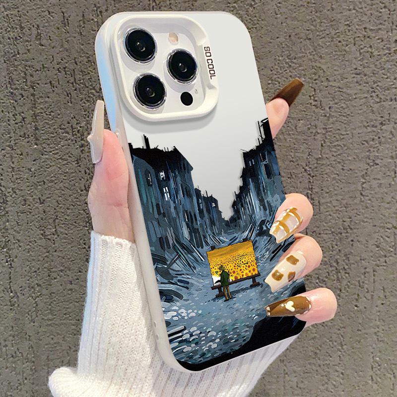 Серебряный чехол для iPhone с масляной живописью для моделей 13/14 Pro/15 Pro Max/16 Pro/17