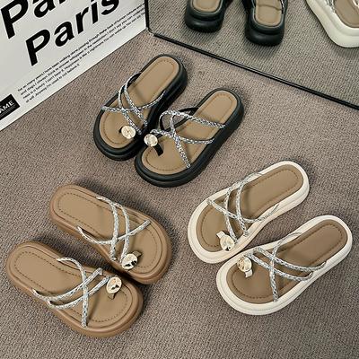 Мода 2024 Новые шлепанцы Женские Летние Сказочный Стиль Уличная Мода Стиль Жемчуг Толстая Подошва Римские Пляжные Шлепанцы Женская Обувь