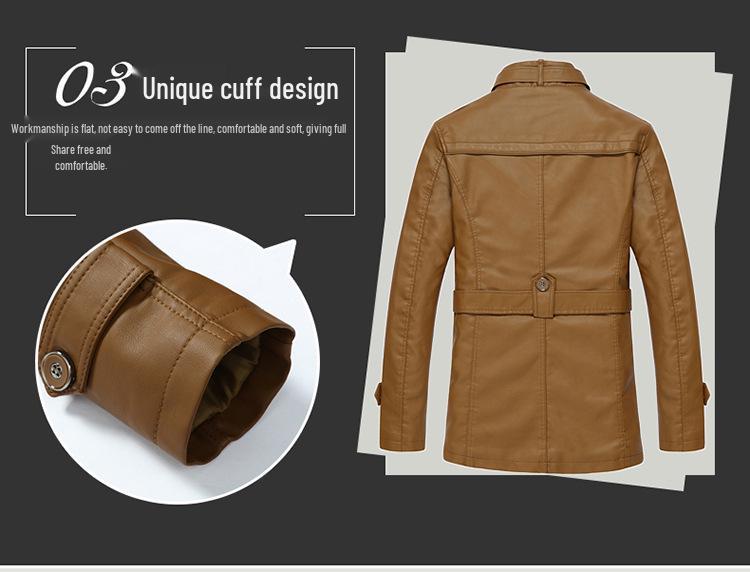 Мужская кожаная куртка средней длины на флисовой подкладке - Теплая, утолщенная, повседневный кардиган для зимы