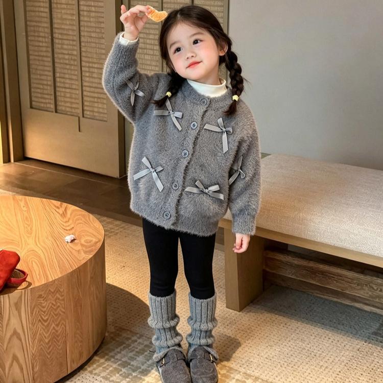 Baby Autumn Premium Gray Sweater New Girls Sweet Princess Style Bow Plush Jacket Knitted Sweater