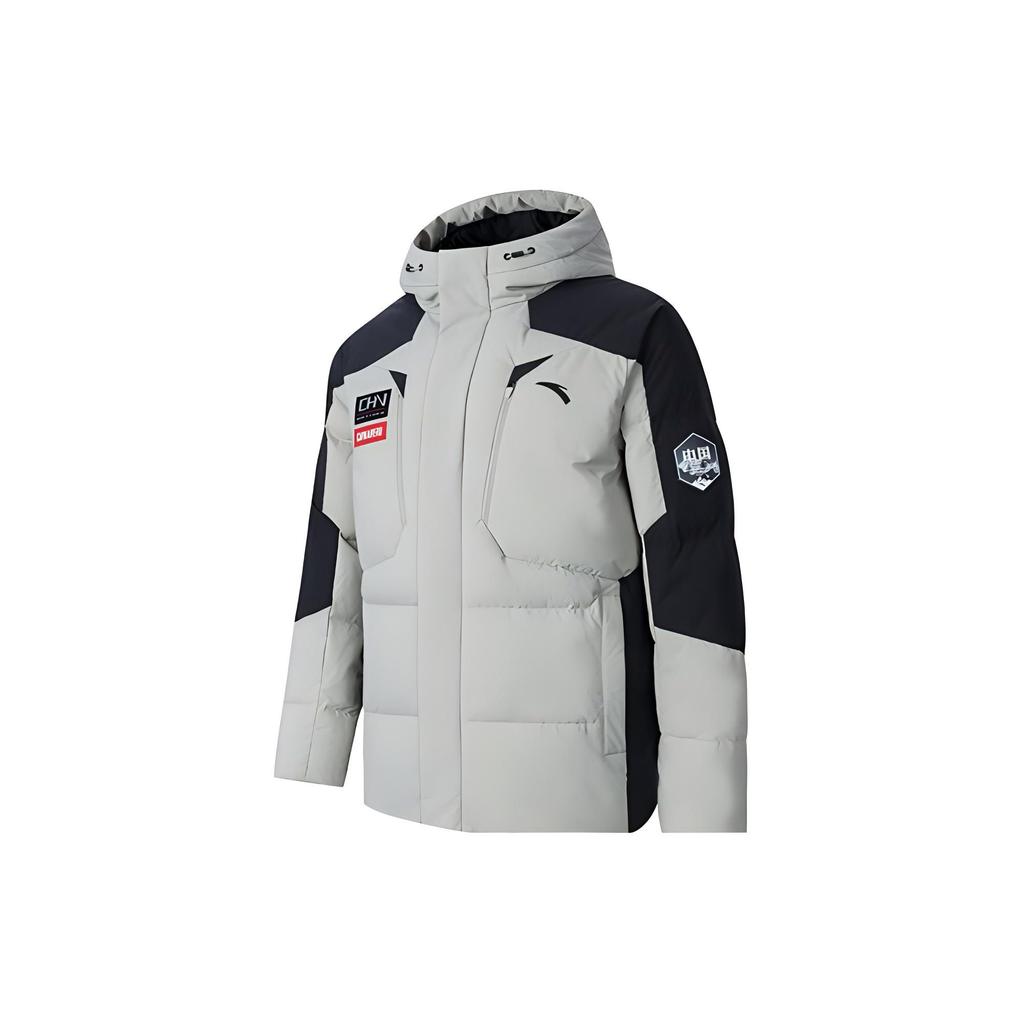 Anta Training Series Letter Splicing Zipper Hooded Thick Casual Down Jacket Men Outerwear Light-Gray Green 152347946-2