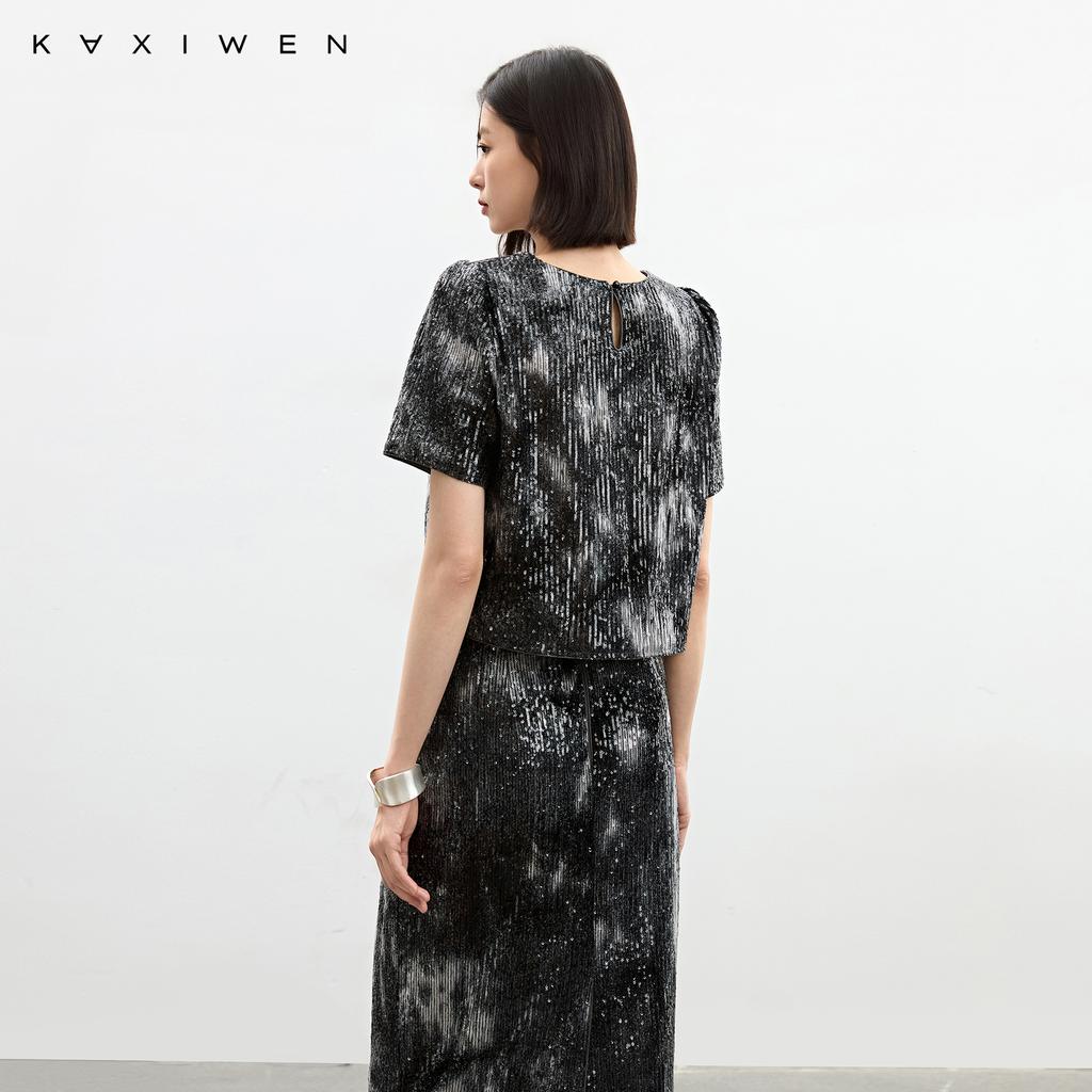 Qianwen Women's Floating Bright Film Dyeing Round Neck Top - 2025 Autumn Collection