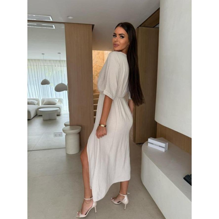 YYFS Женская мода, лето, весна, сплошной цвет, принт, рукава 1/2, v-образный вырез, высокая талия, повседневные платья