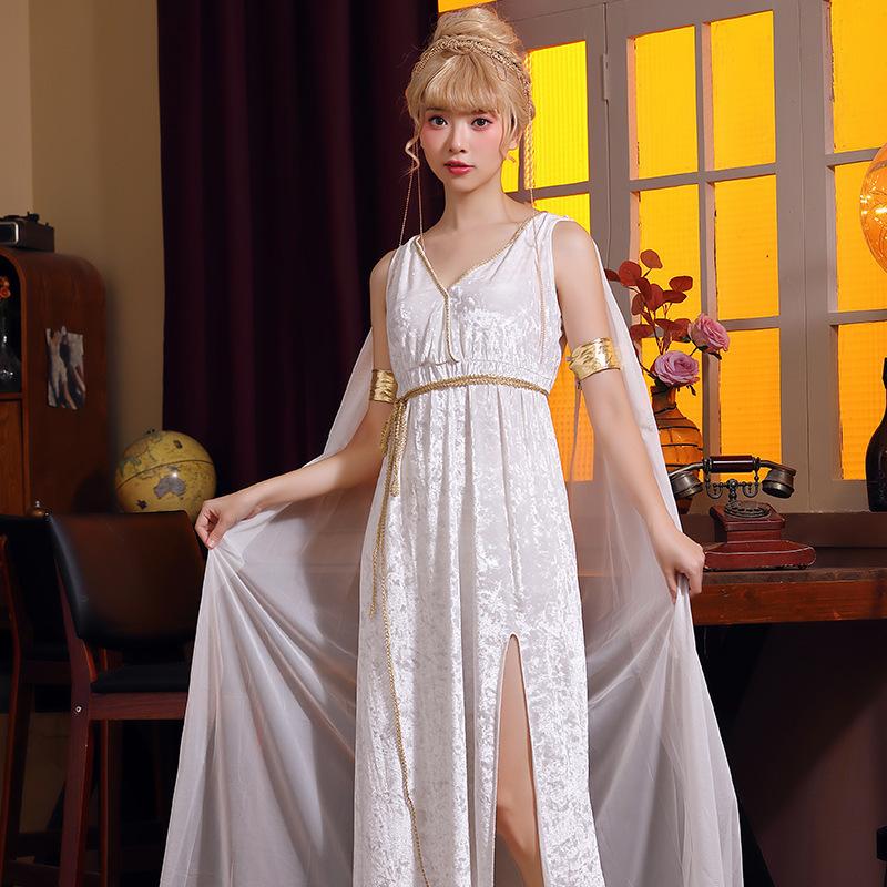 Greek Goddess Halloween Costume Deep V Neck Sexy Split Dress Cosplay Outfit