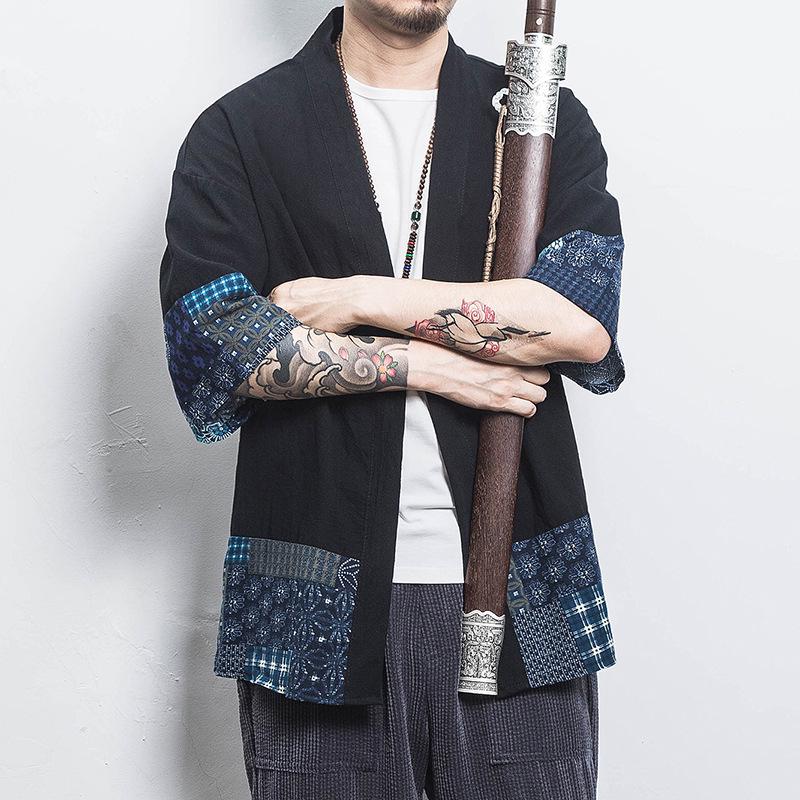 Мужской летний кардиган-кимоно: Халат Дао с рукавом до середины предплечья, свободного кроя