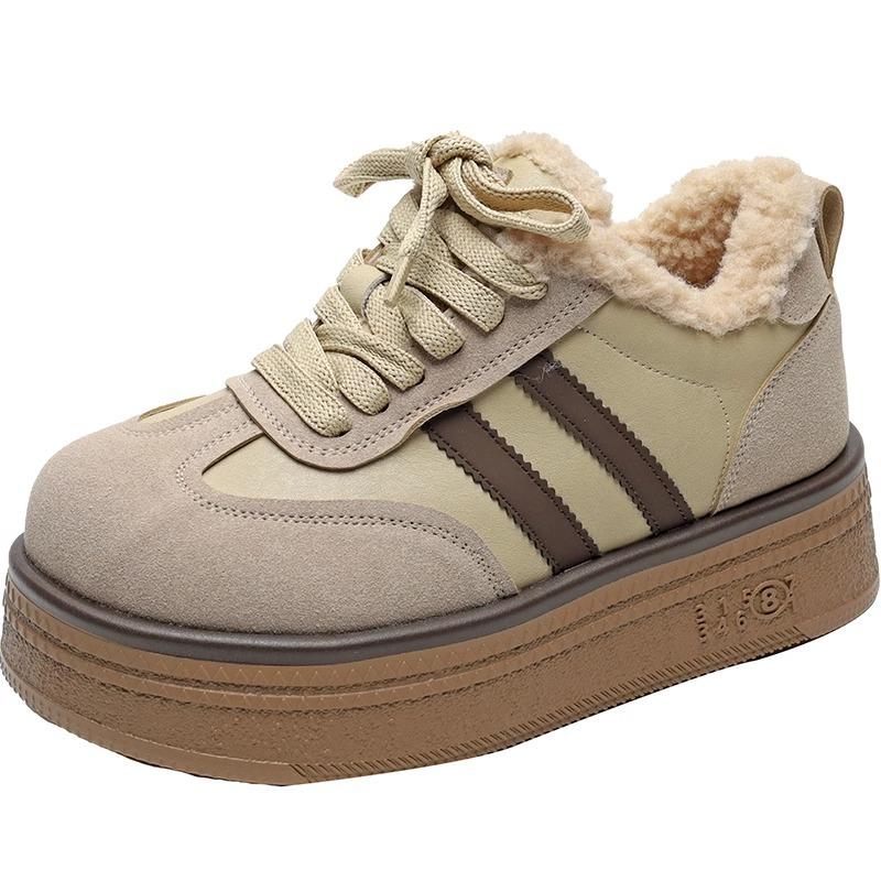 Корейская версия матовой кожи ретро моральные тренировочные туфли женские 2025 зимние бархатные теплые на толстой подошве пушистые туфли спортивные и повседневные кеды