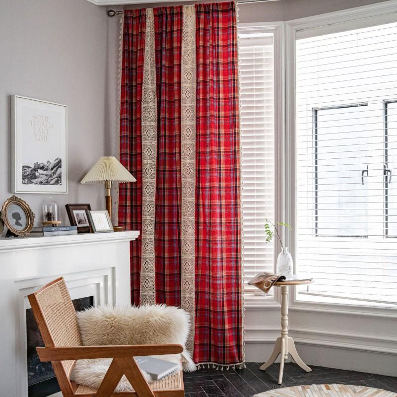 Cotton Linen Patchwork Christmas Plaid Kitchen Curtain Semi-Sheer American Style Window Treatment Dining Room