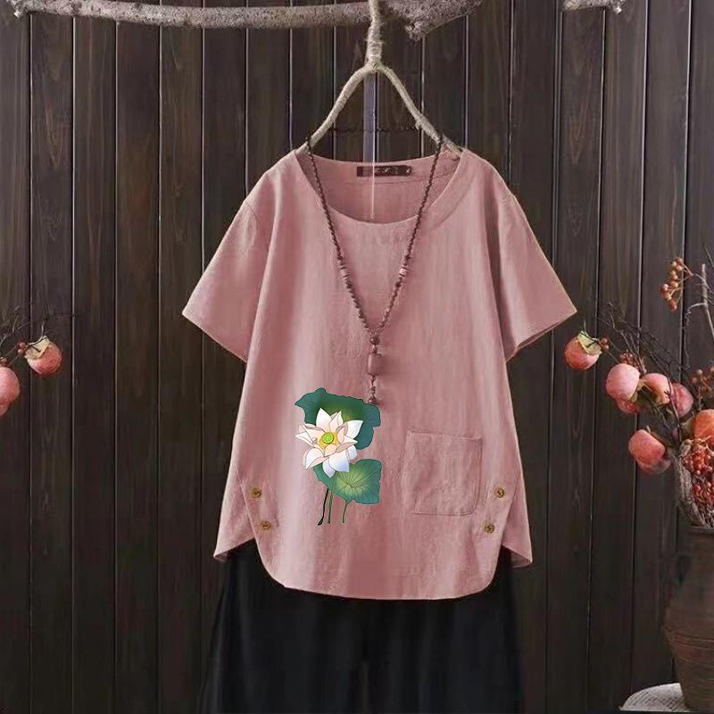New Lotus Print V-neck Cotton Hemp T-shirt for Women - 2025 Summer European & American Style