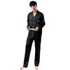 Chian Silk Long Top and Bottom Size XL Men's Pajamas, Loungewear, Sleeve, Open-Front, Set, Moisture-Wicking, Breathable, Black,