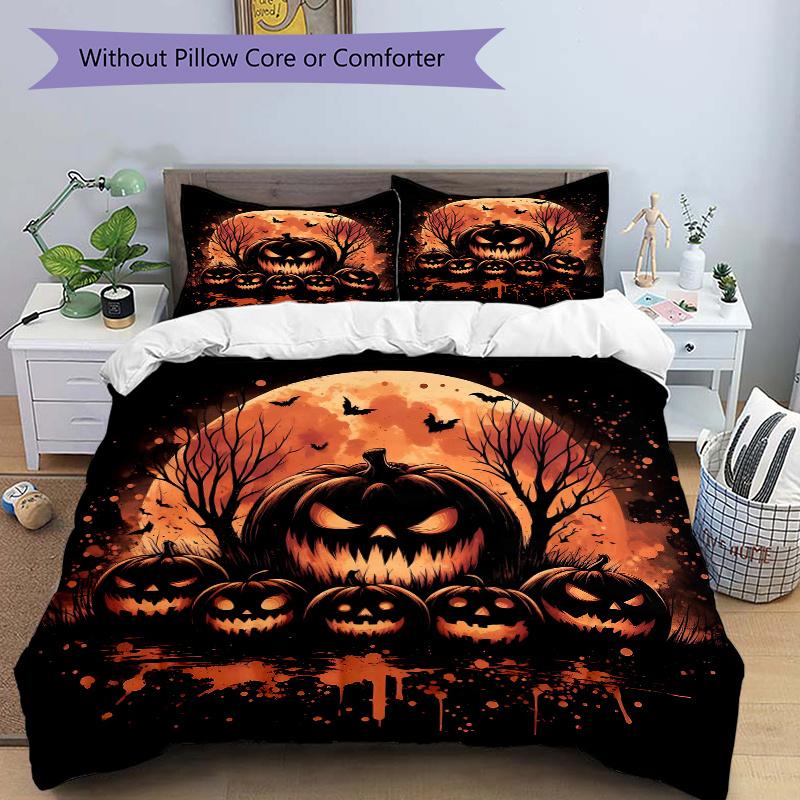 3pcs Scary Pumpkin Quilt Cover Set - Soft and Cozy Bedroom, Guest Room and Dorm Decorative Bedding 3-Piece Set 1 Quilt Cover + 2 Pillow Shams.N08