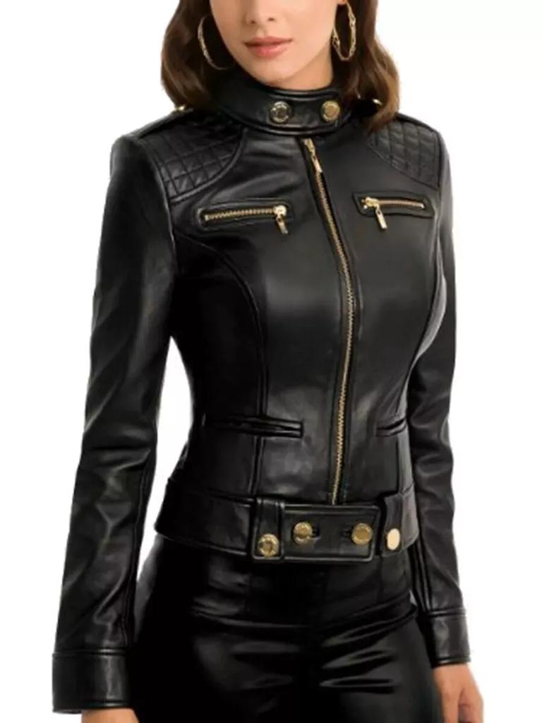 AL KHALID Real Soft Black Lambskin Leather Motorcycle Style Women's Jacket Biker Stylish