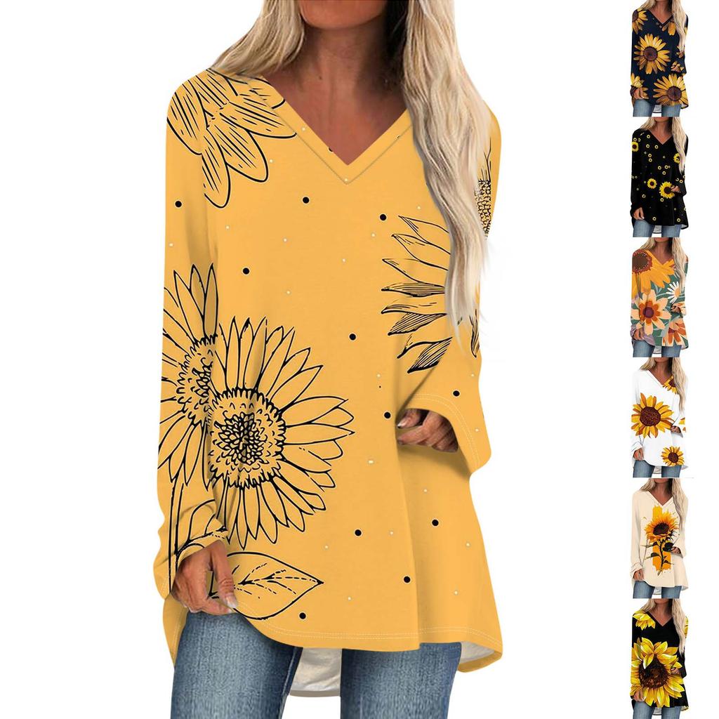 Женская и зимняя футболка с длинными рукавами и V-образным вырезом с принтом, повседневная, длинная, свободная