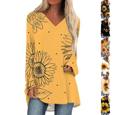 Женская осенне-зимняя повседневная длинная свободная футболка с v-образным вырезом и длинными рукавами и принтом