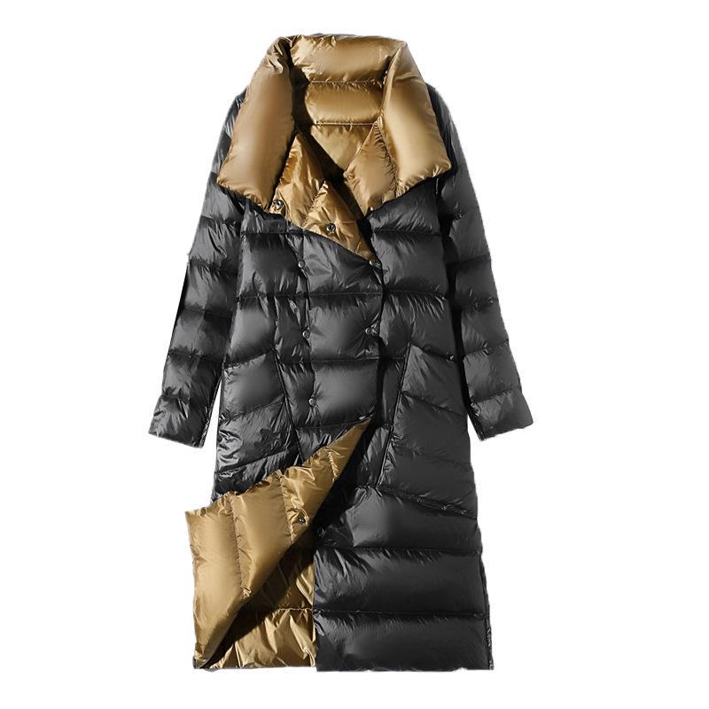 Double Sided Long Down Jacket Spring Autumn Turtleneck White Duck Down Warm Parkas Black Gold Gray Light Blue Green White S-5XL
