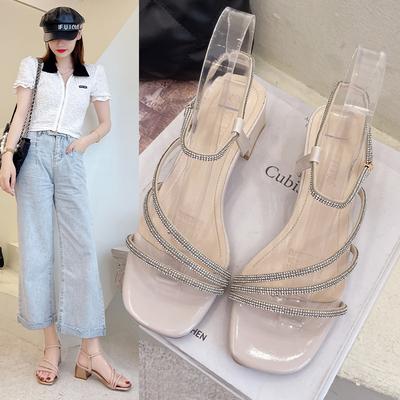 Босоножки с открытым носком лето 2025 британская мода новые квадратный носок водяной кирпич односимвольные на толстом высоком каблуке туфли женские на одной педали