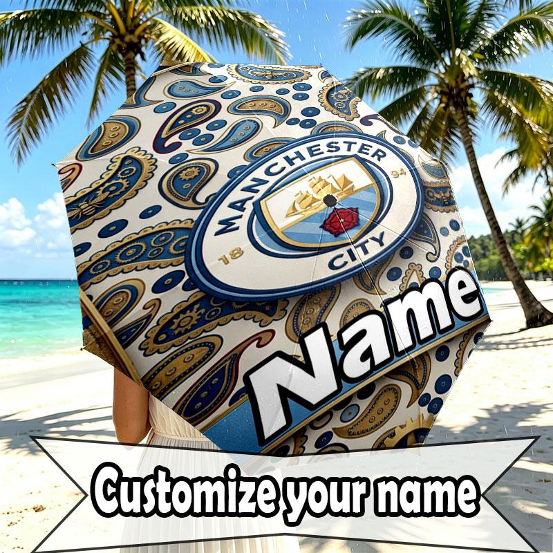 Custom Name Personalized Manchester City Print Umbrella, Auto Open Close, 8‑Rib Sturdy Frame, Commute Camping Hiking Use, Birthday Gift