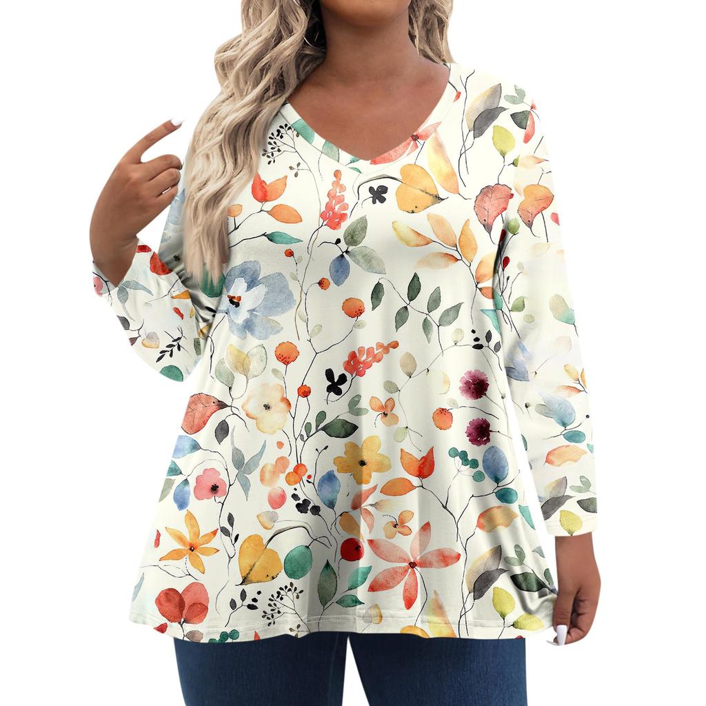 Женские топы больших размеров с длинным рукавом и принтом, рубашки с V-образным вырезом, повседневная одежда, топы