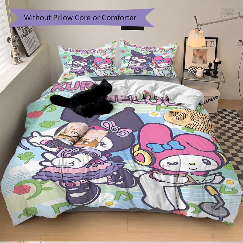 3pcs Musical Adventure Kuromi & Melody Quilt Set - Soft and Comfortable Bedroom, Guest Room and Dorm Decor Bedding Set 1 Quilt Cover + 2 Pil