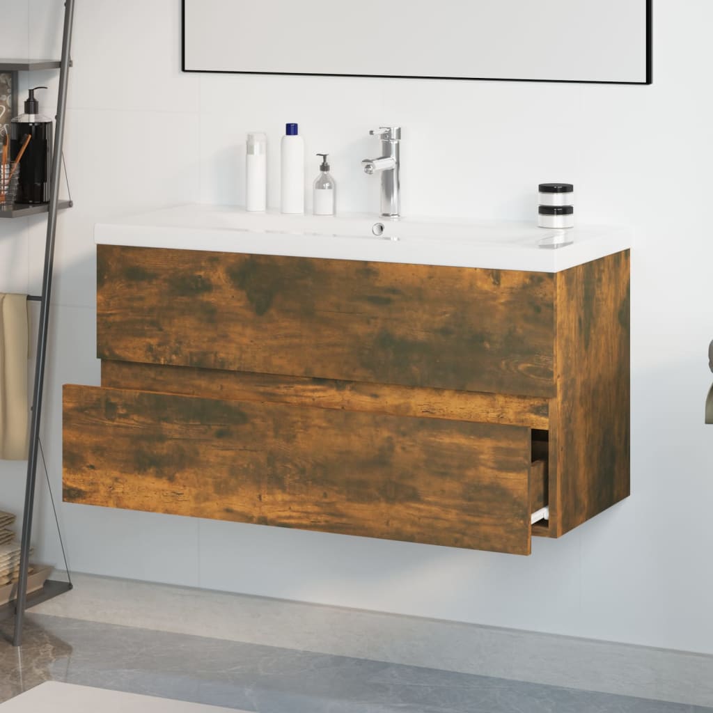 Washbasin Cabinet with Built in Basin Smoked Oak Wood Based Material