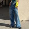 Cho'ntaklar Fermuar Eskirgan Keng Keng Oyoqli Jinsilar Ayollar uchun Moda Vintage Moviy To'g'ri Denim Shimlar Ayollar Yuqori Bel Kundalik Shimlar 24356