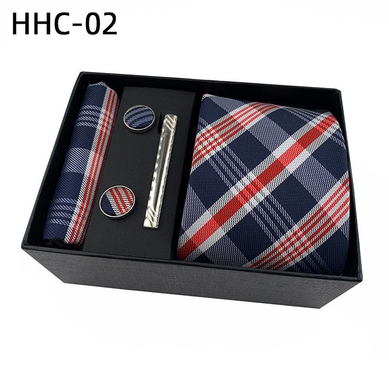 Men'S Striped Flower Plaid Tie Square Towel Cuffs Tie Clip Gift Box Set Business Casual Tie Black