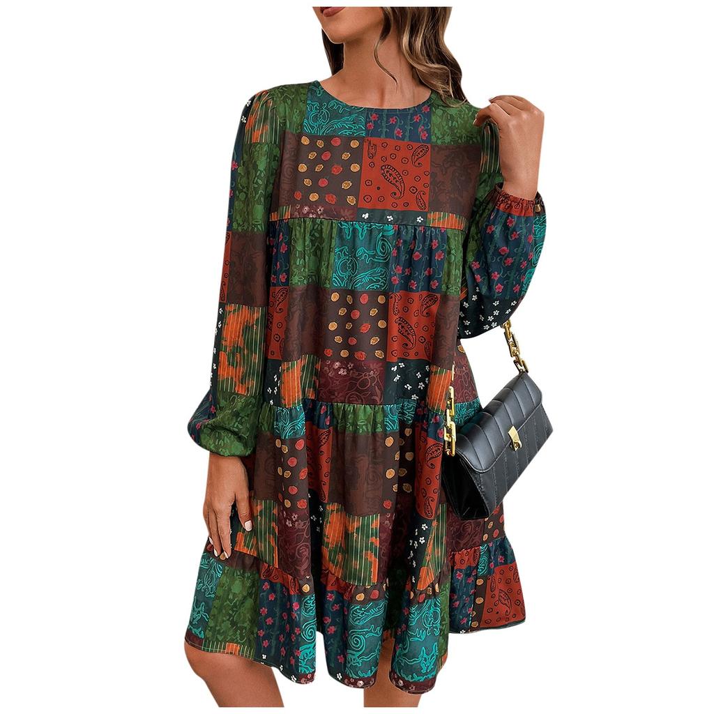 Женское повседневное и модное кукольное платье с круглым вырезом и длинными рукавами с принтом