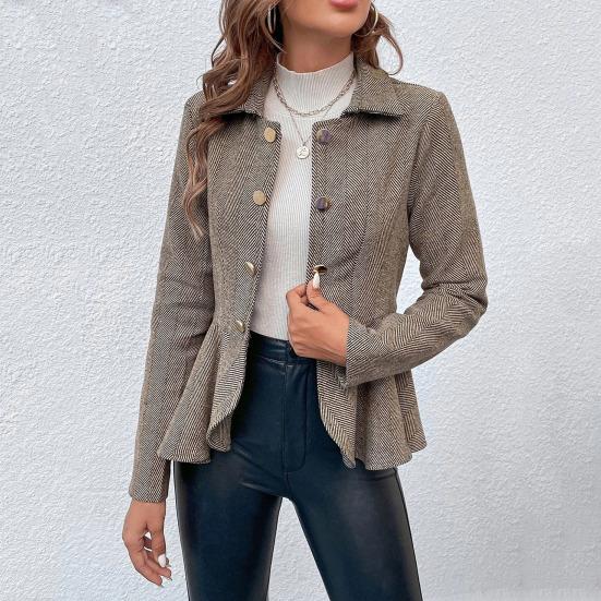 Женский повседневный пиджак с лацканами, длинный рукав, двубортный пиджак с оборками и полосатым принтом, деловая верхняя одежда